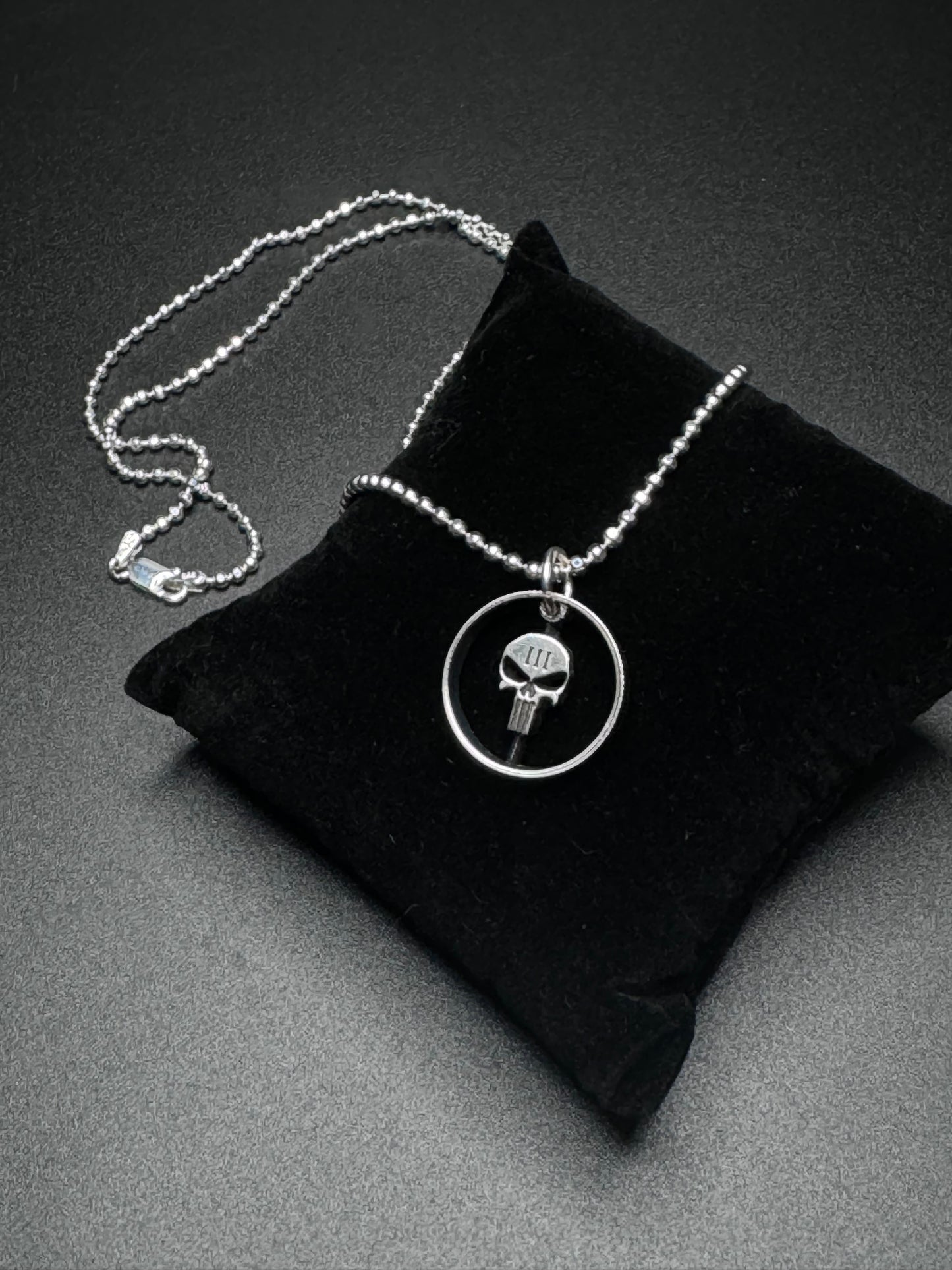 III% Punisher hand carved coin pendant & sterling silver .925 chain