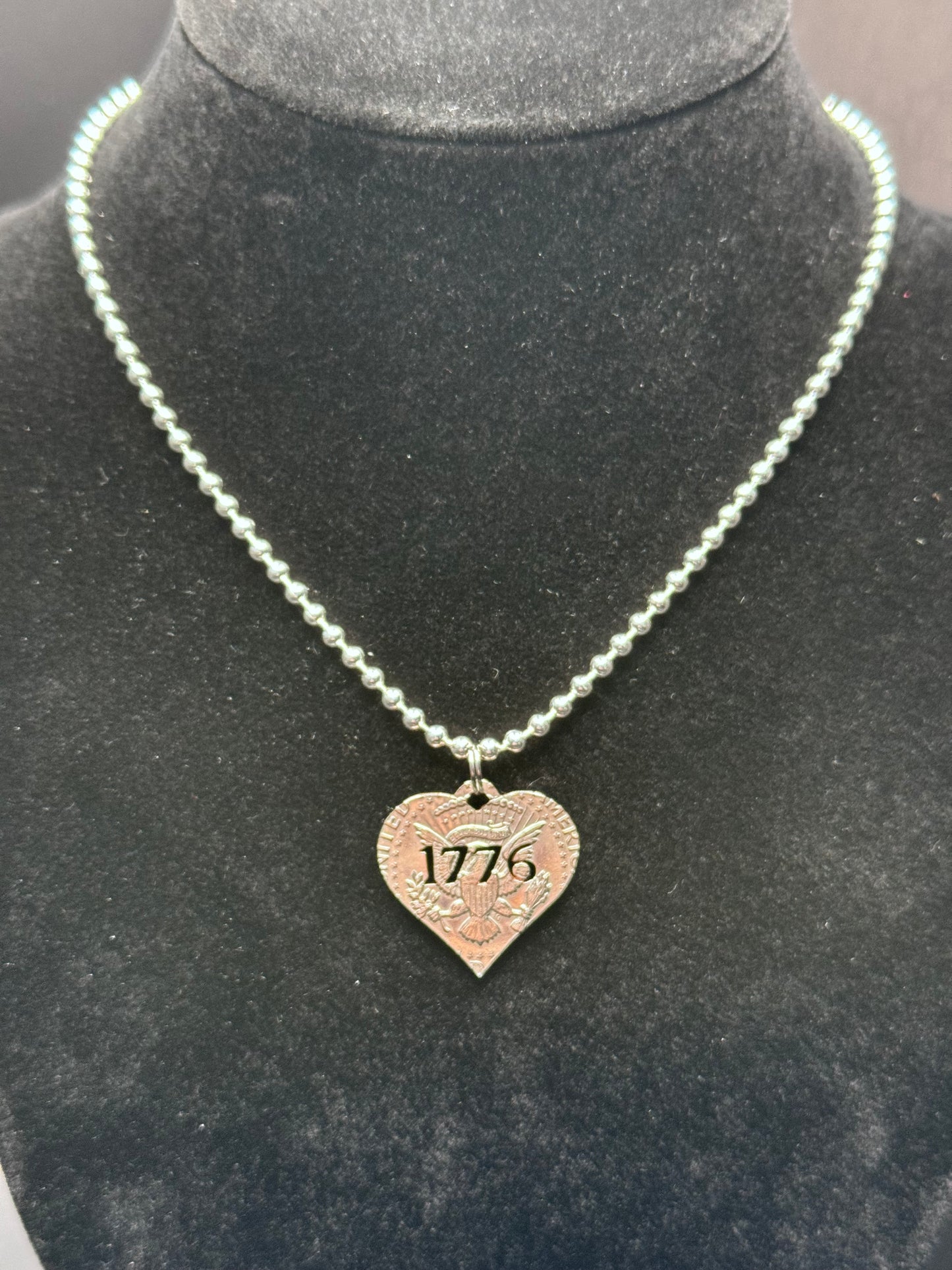 1776 heart US currency carved pendant on sterling silver chain