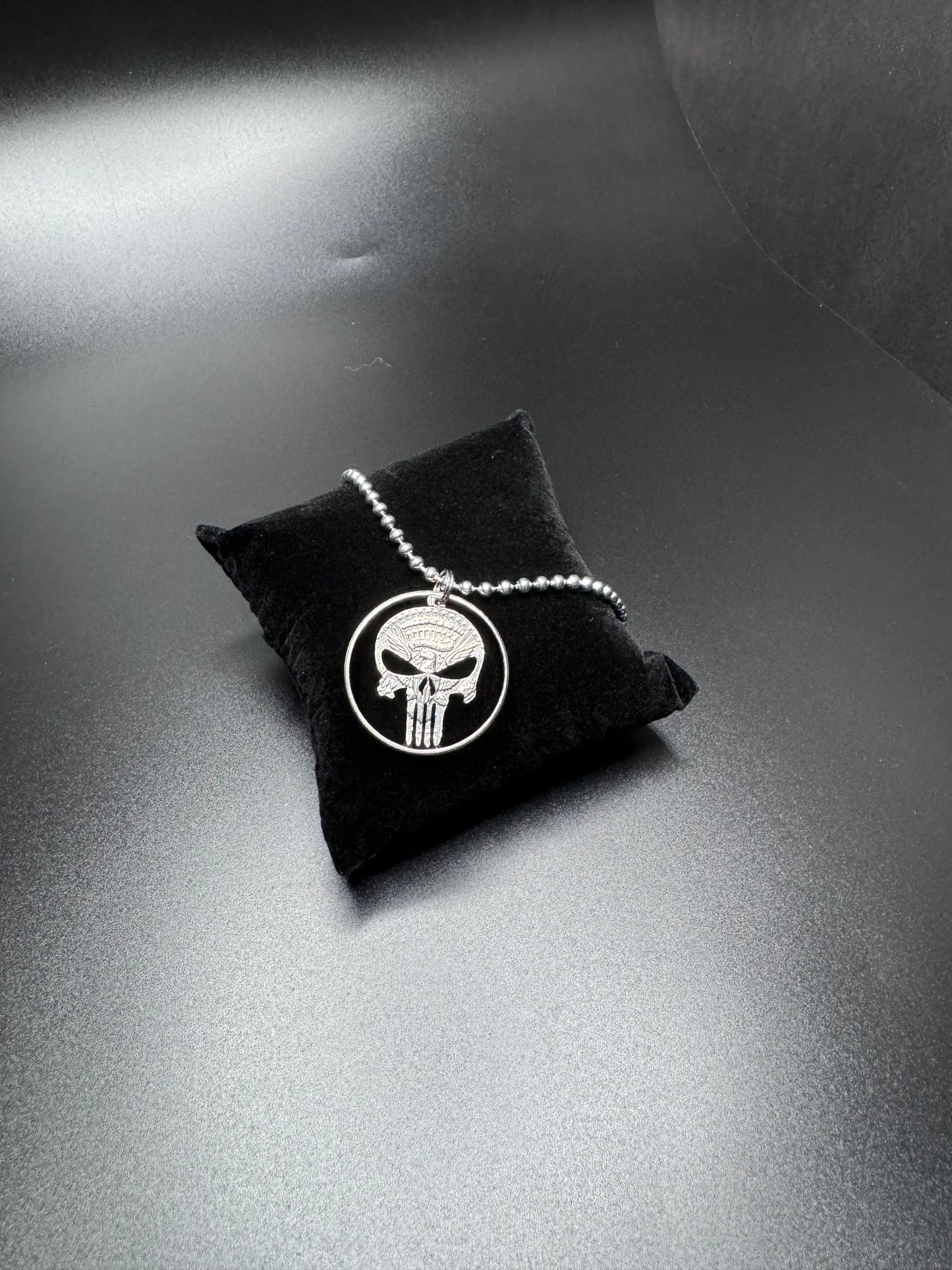 Punisher US Currency carved coin on sterling silver chain