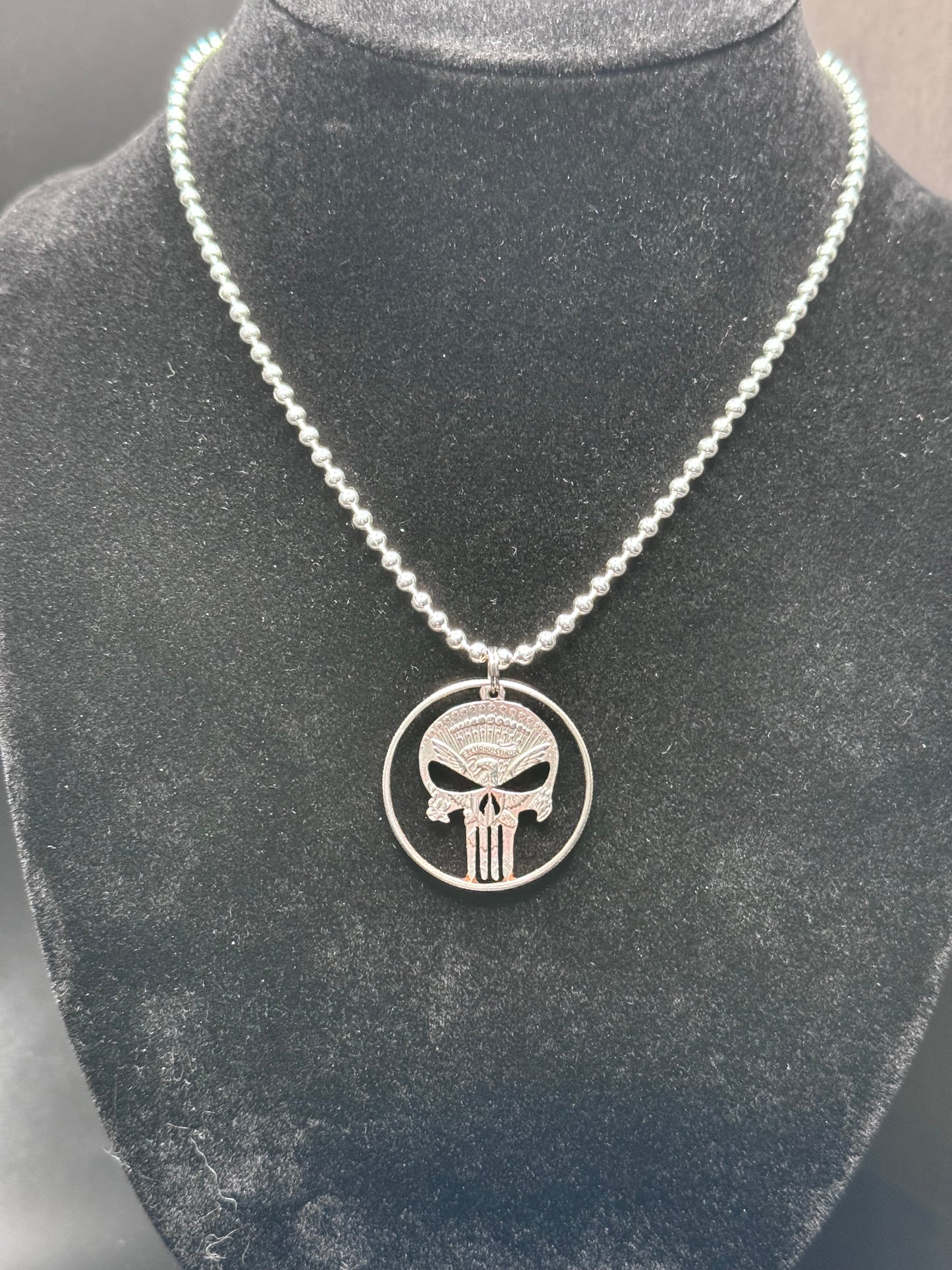 Punisher US Currency carved coin on sterling silver chain